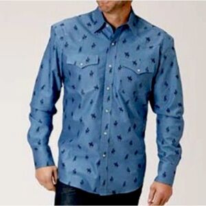 ROPER Mens Amarillo Horseman Cowboy Pearl Snap Long Sleeve Shirt Chambray Blue L